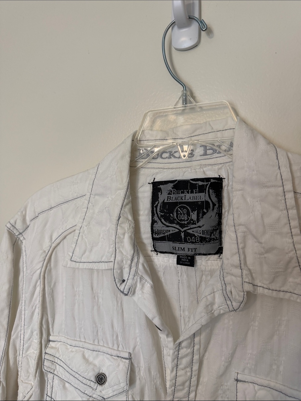 Buckle White Slim Fit Jean Jacket with Contrast Stitching